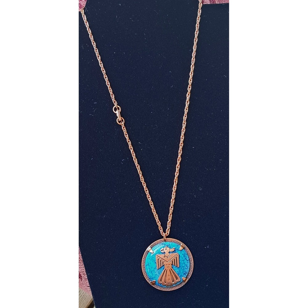 Copper By Bell Blue Marbled Glass Thunderbird Southwestern Pendant 28" Necklace - Picture 3 of 7